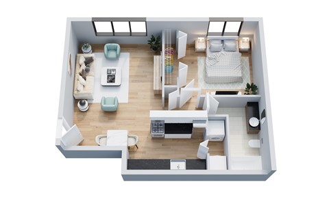 A top-down view of a modern, minimalist bedroom with a bed, desk, and chair.